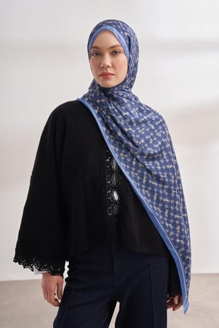 Armanda Desenli Vual Şal İndigo Rengi