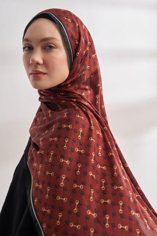 Armanda Desenli Vual Şal Siyah-Bordo Rengi