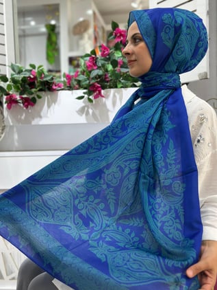 Siyane Desenli Pamuklu Şal Mavi Rengi