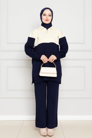 Detailed Knitwear Suit-dark bleu color