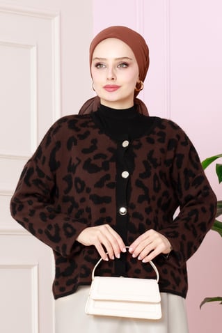 Leopard Short Cardigan - Brown color