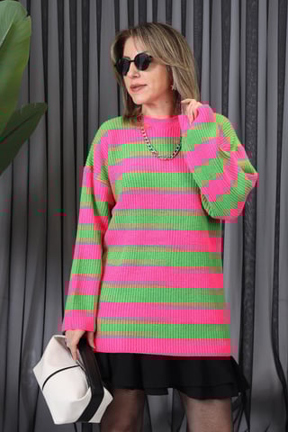 Pembe - Yeşil Çizgili Kazak