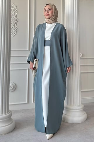 Dökümlü Taşlı Elbiseli Mint Yeşili Abaya