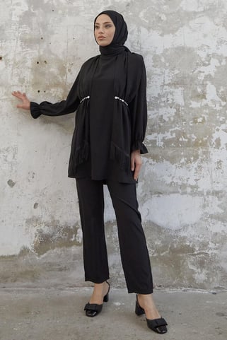 Tassel Detailed Stone Black Crepe Suit