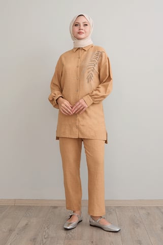 Yaprak Taş İşleme Camel Keten Takım