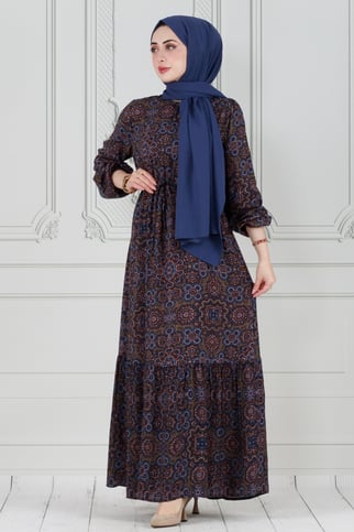 Tile Pattern Viscose Dress - blue color