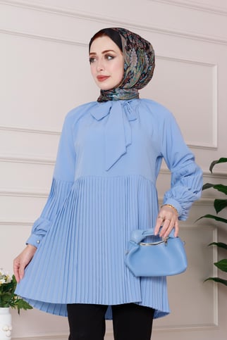 Detailed Pleated Tunic-baby blue color