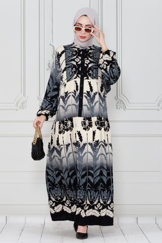 Leaf printed viscose dress-black color
