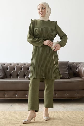 Front Pleated Ruffle Detail KKhaki Suit