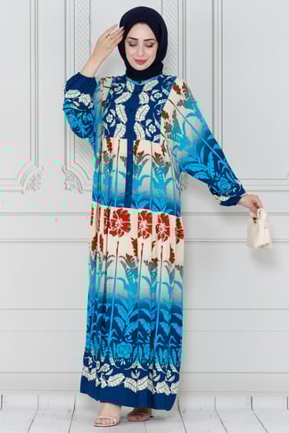 Leaf printed viscose dress-Indigo color
