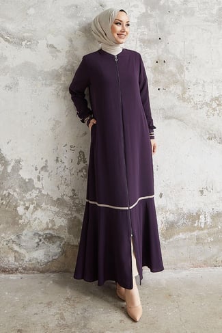 Hazel Şerit Desen Ribanalı Mor Ferace