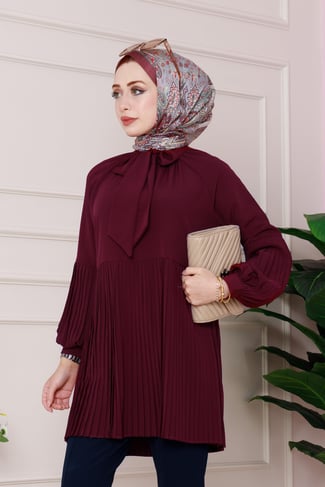 Detailed Pleated Tunic-burgundy color