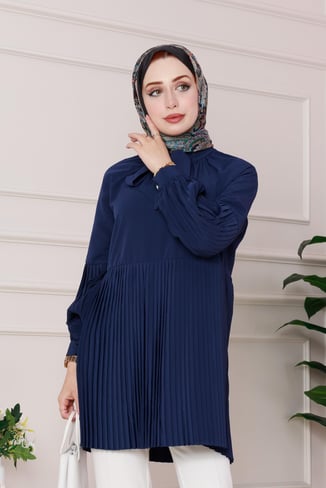 Detailed Pleated Tunic-navy blue color