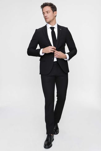 Erkek Siyah Basic Düz Slim Fit 3'lü Takım Elbise Slim Fit Gömlek Düz Kravat