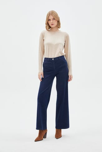 Denim Beli Lastikli Geniş Paça Pantolon