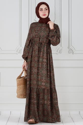 Tile Pattern Viscose Dress - Khaki color