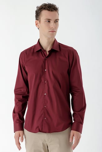 Morven Erkek Bordo Pamuk Saten Düz Desen Slim Fit Gömlek