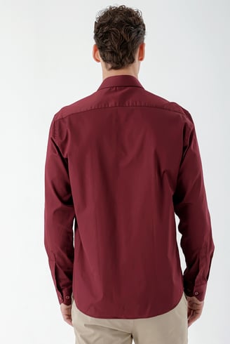 Morven Erkek Bordo Pamuk Saten Düz Desen Slim Fit Gömlek
