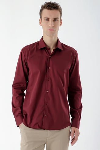 Morven Erkek Bordo Pamuk Saten Düz Desen Slim Fit Gömlek