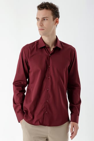 Morven Erkek Bordo Pamuk Saten Düz Desen Slim Fit Gömlek