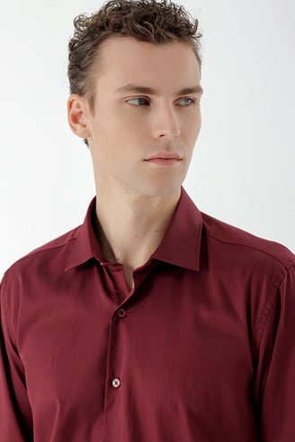 Morven Erkek Bordo Pamuk Saten Düz Desen Slim Fit Gömlek