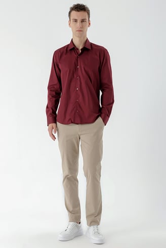 Morven Erkek Bordo Pamuk Saten Düz Desen Slim Fit Gömlek