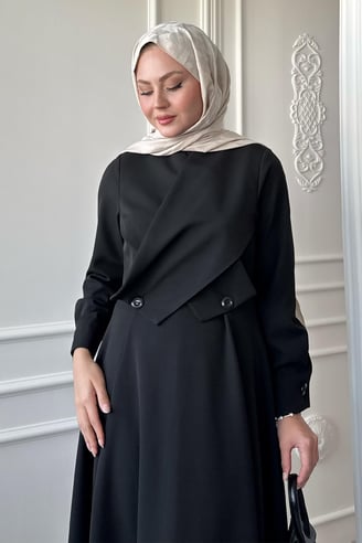 Çapraz Kapak Detay Siyah Dabıl Elbise