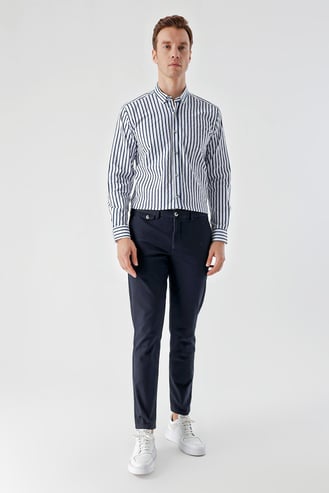 Morven Erkek Lacivert Pamuk Yan Cep Slim Fit Chino Pantolon