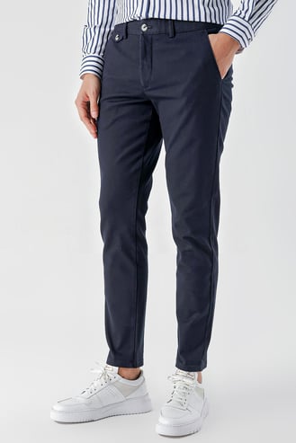 Morven Erkek Lacivert Pamuk Yan Cep Slim Fit Chino Pantolon