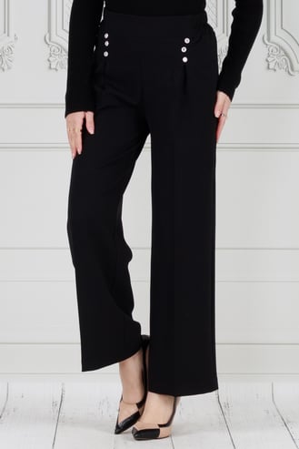 Pile Detaylı Üç Düğmeli Pantolon-Siyah