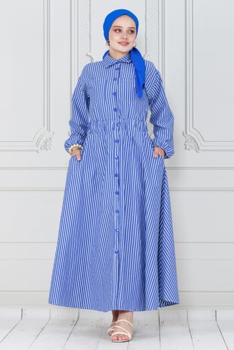 Buttoned Striped Dress-light bleu  color