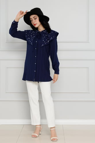 Wide Collar Pearl Tunic-Dark bleu color