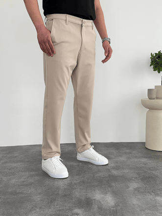 Krem Boyfriend Klasik Kumaş Pantolon