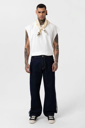 Yan Dikiş Detaylı Baggy Jean Koyu Mavi