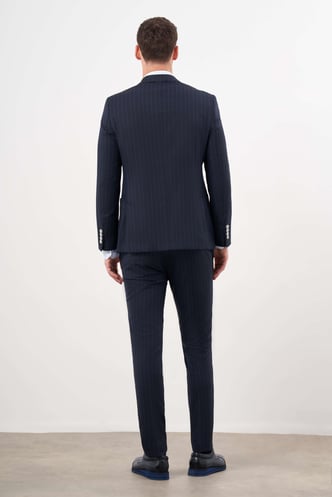 Morven Erkek Lacivert Poliviskon Trend Kruvaze Slim Fit Sivri Yaka Takım Elbise