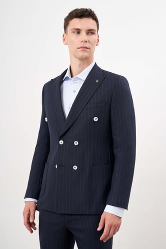 Morven Erkek Lacivert Poliviskon Trend Kruvaze Slim Fit Sivri Yaka Takım Elbise
