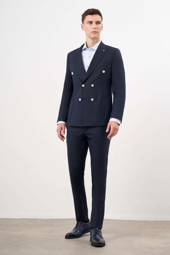Morven Erkek Lacivert Poliviskon Trend Kruvaze Slim Fit Sivri Yaka Takım Elbise