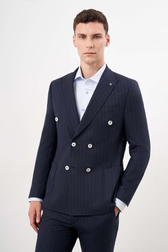 Morven Erkek Lacivert Poliviskon Trend Kruvaze Slim Fit Sivri Yaka Takım Elbise