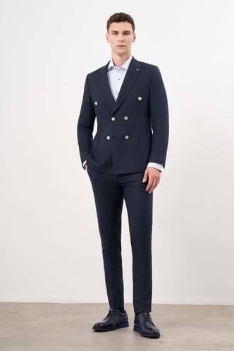 Morven Erkek Lacivert Poliviskon Trend Kruvaze Slim Fit Sivri Yaka Takım Elbise