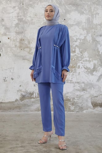 Tassel Detailed Stone Indigo Crepe Suit