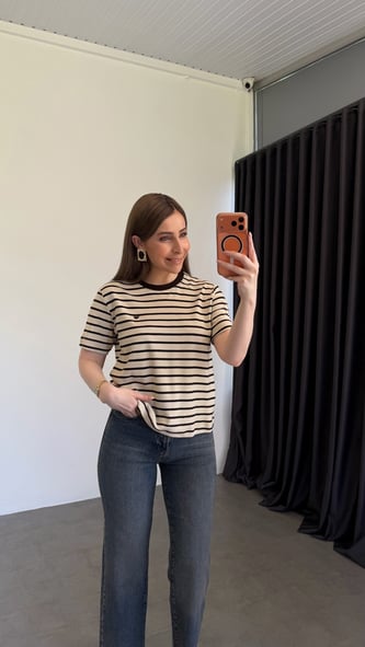 A Harfli Çizgili T-shirt Bej