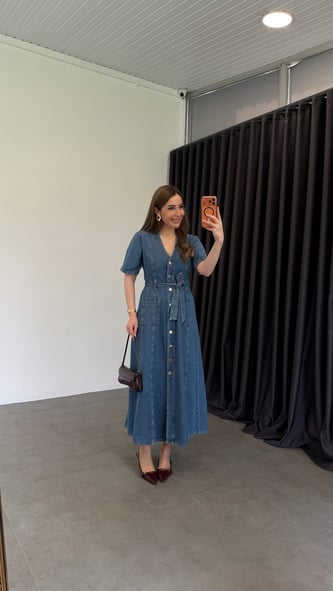 Azurre Blue Kemerli Denim Elbise Mavi 