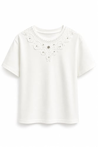 Boncuklu Dantel Yakalı T-shirt Ekru