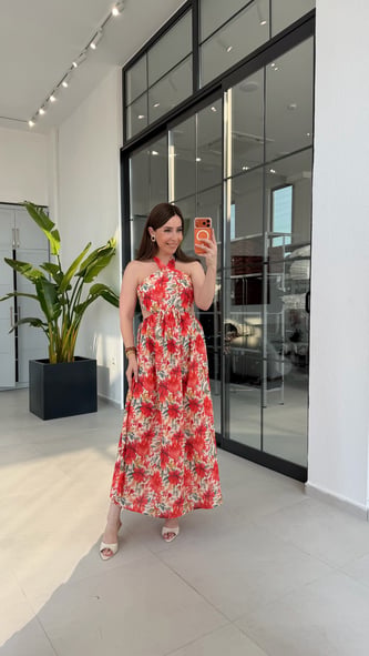 Hibiscus Sırt Bağlamalı Elbise Turuncu