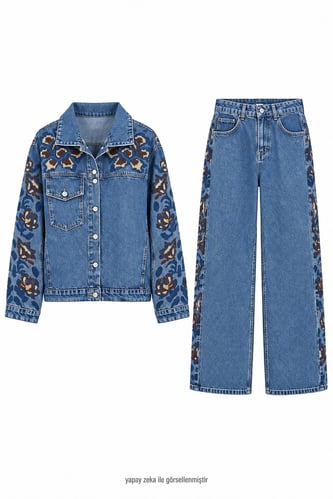 Kanaviçe İşlemeli Denim Takım Mavi