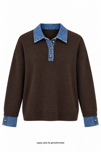 Out Manşetleri Denim Triko Bluz Kahverengi