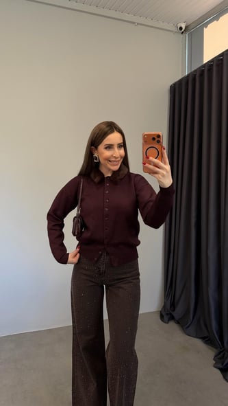 Peluş Kürk Yakalı Triko Hırka Bordo