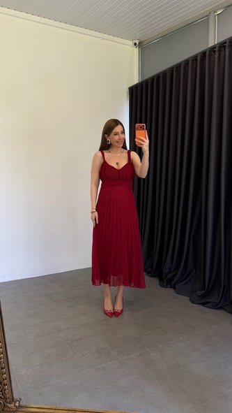 Pilise Askılı Örgülü Midi Elbise Bordo
