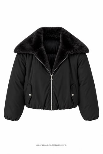 Puffy Peluş Yakalı Mont Siyah