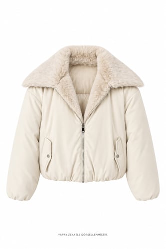 Puffy Peluş Yakalı Mont Taş Rengi